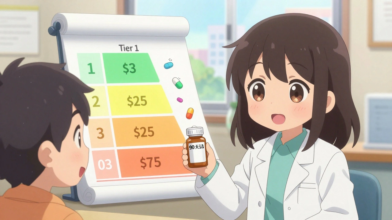 A pharmacist gives a 90-day prescription while a rainbow drug tier chart glows behind