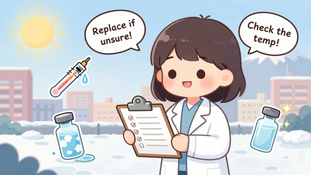 A pharmacist showing safe vs. damaged meds with icons, reminding travelers to check temperatures.