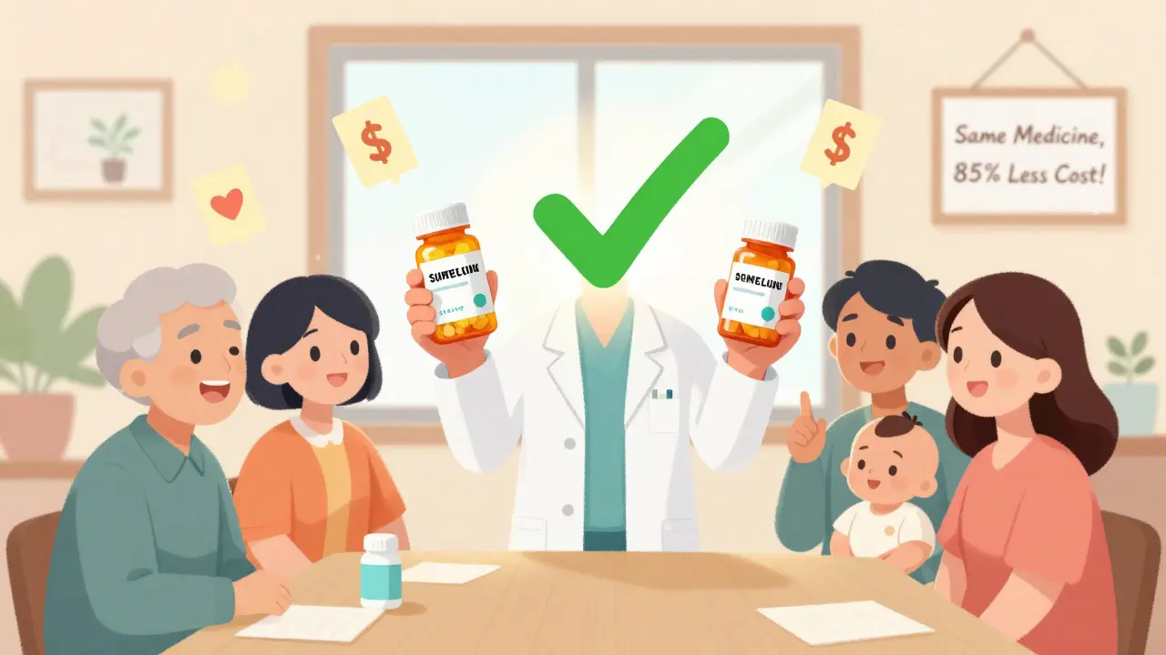 A pharmacist shows a patient that generic and brand-name pills work the same, with price tags turning into hearts.