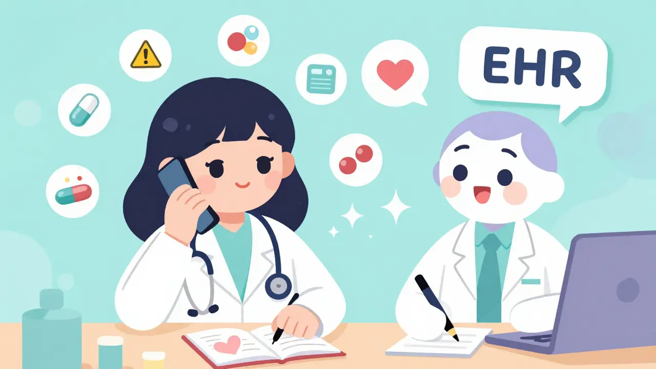 A pharmacist talks to a doctor on the phone, with therapeutic drug icons and a secure message bubble glowing nearby.