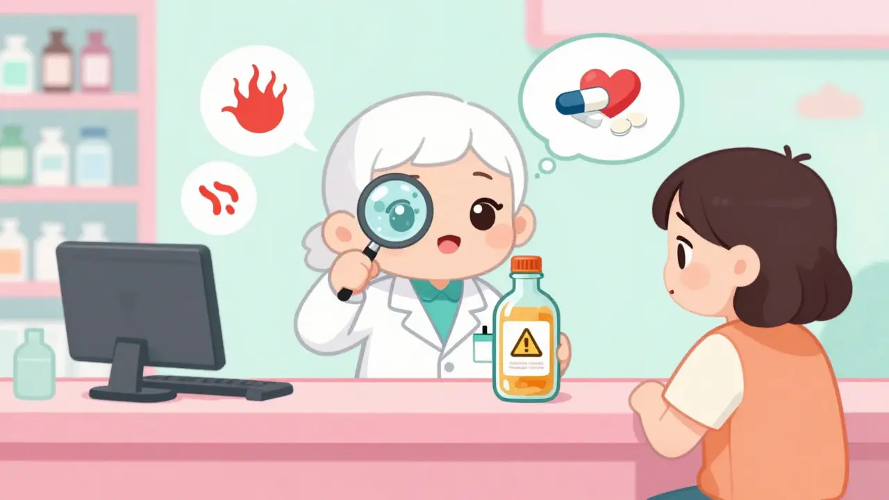 A pharmacist using a magnifying glass to reveal alcohol molecules in kombucha while a patient looks worried.