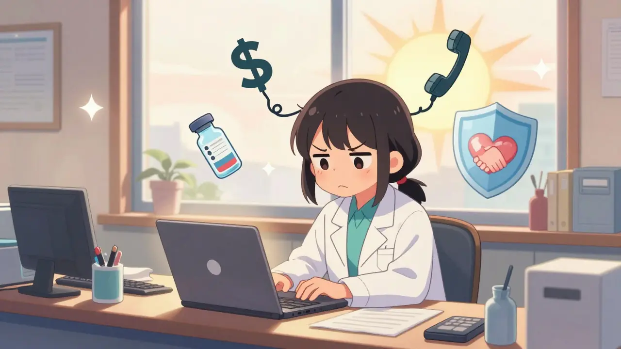 A pharmacist works hard against system challenges, with symbols of struggle fading as sunlight brings hope.