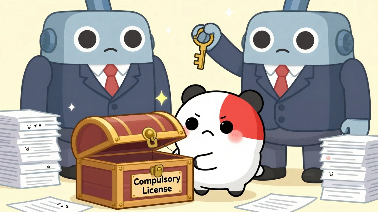 A small country character struggling to open a locked chest labeled &#039;Compulsory License&#039; while corporate robots block the way.