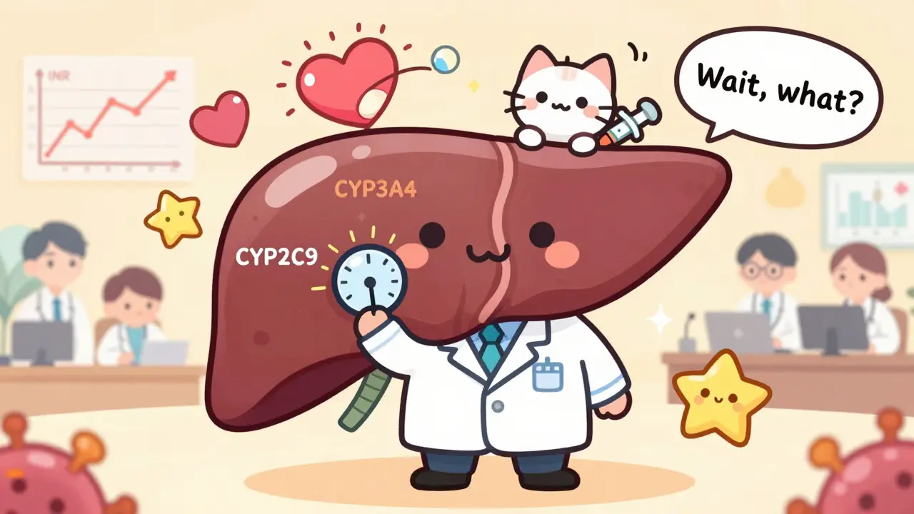 A smiling liver with dials adjusting as drug molecules and a kitten-shaped virus cause unexpected changes in enzyme levels.