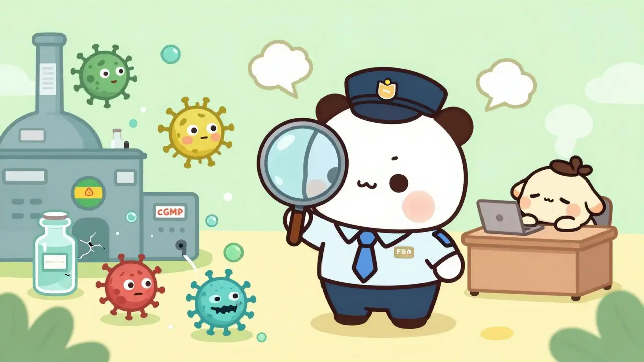 A tiny FDA inspector checking a factory where harmful particles are leaking out.