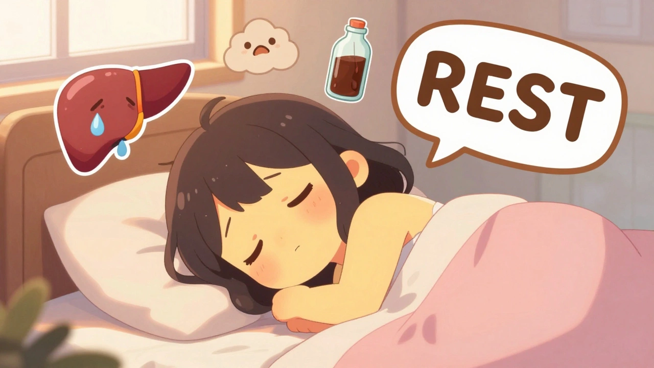 A tired teen with yellow skin resting in bed surrounded by cartoon symptoms.