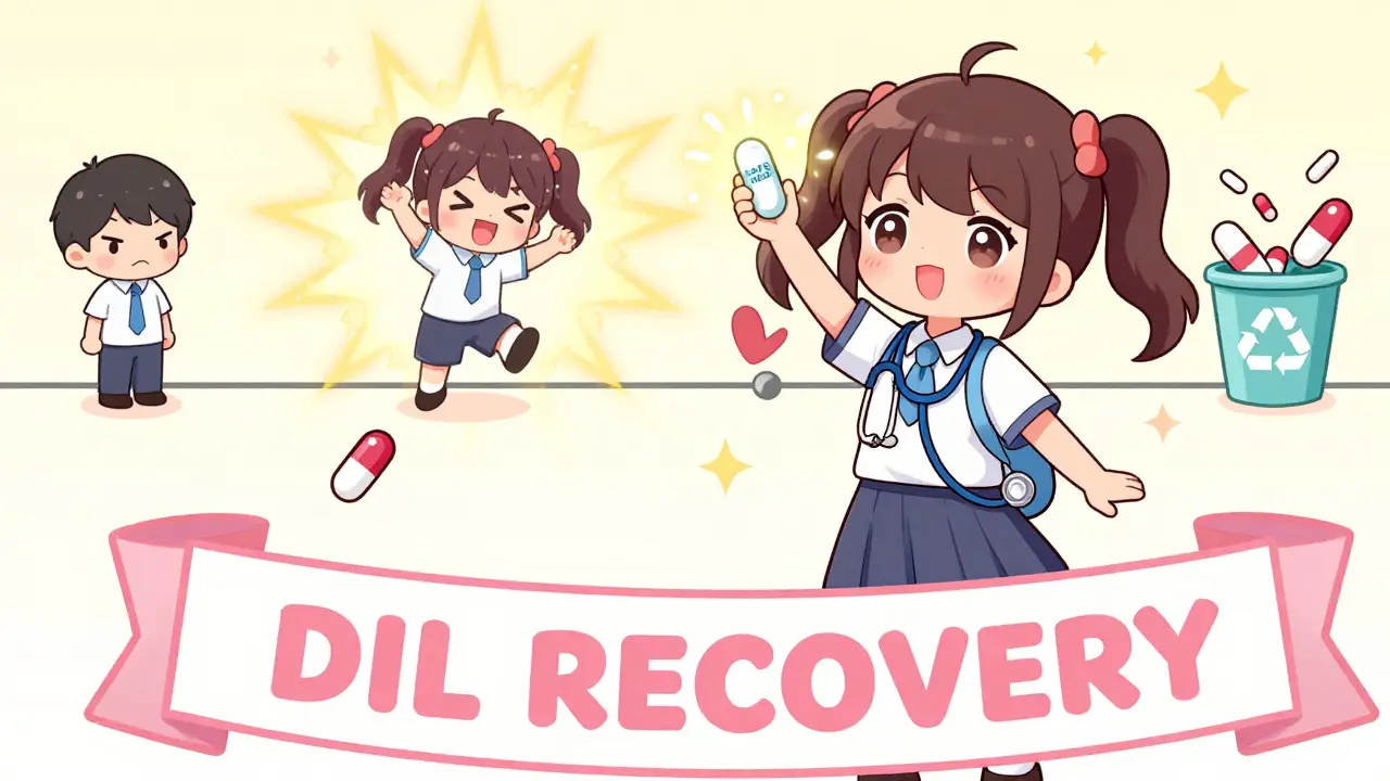 A woman celebrating recovery with a transforming pill turning into a butterfly, surrounded by a timeline of healing.