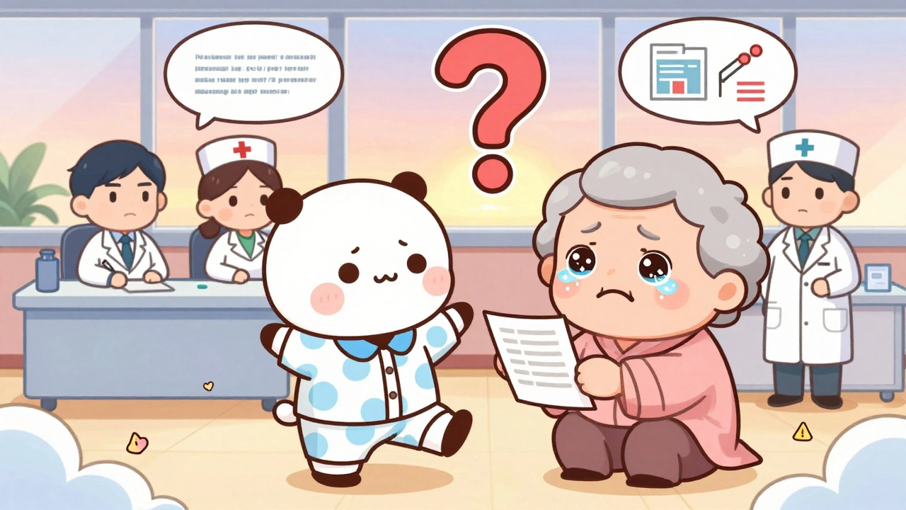 An elderly patient stares at medication lists as two cartoon versions of themselves dance confusedly, with a committee watching in thought bubbles.