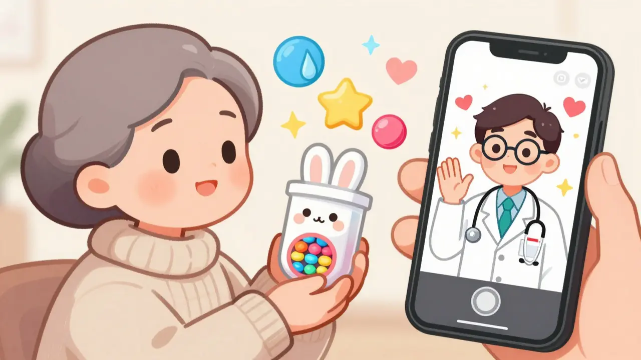 An elderly woman with a bunny-shaped pill dispenser, animated icons floating above, talking to a pharmacist on video.