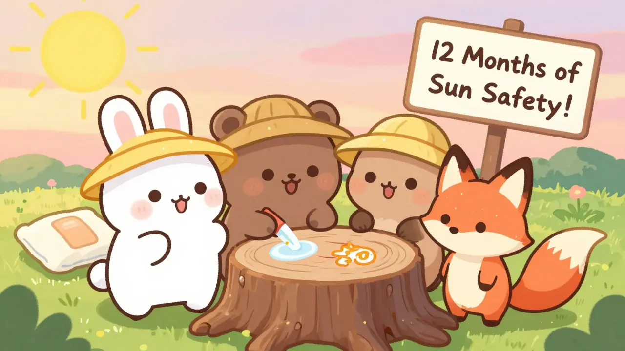 Animal friends protecting a healed scar with sunscreen and a fluffy compression pillow under a sunset.