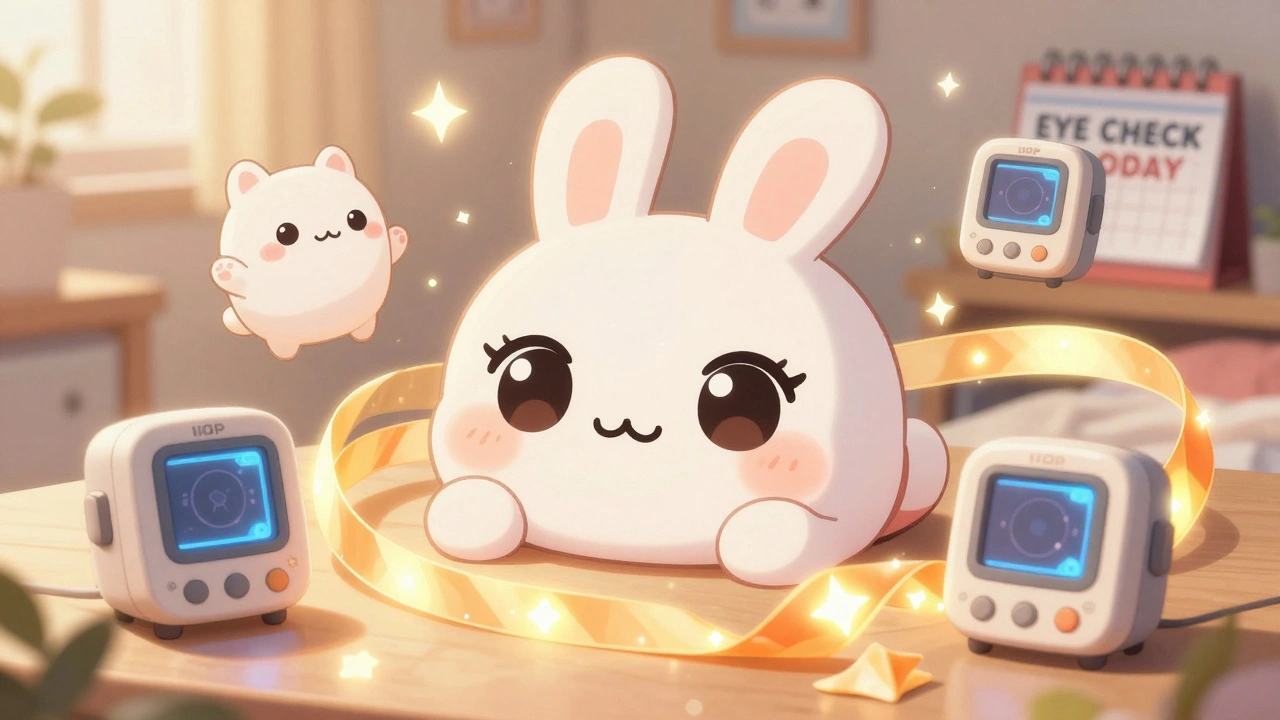 Anime eyes with cute animal-shaped home IOP monitors and genetic test ribbon.