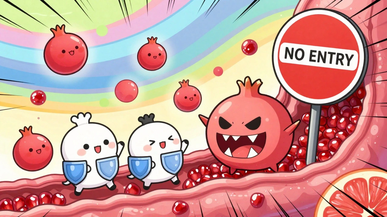 Cartoon enzymes waving at safe pomegranate droplets while grapefruit droplets are blocked.
