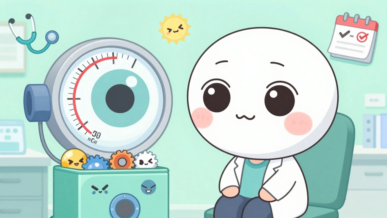 Cartoon eye with rising pressure gauge and clogged gears in a pastel doctor&#039;s office.