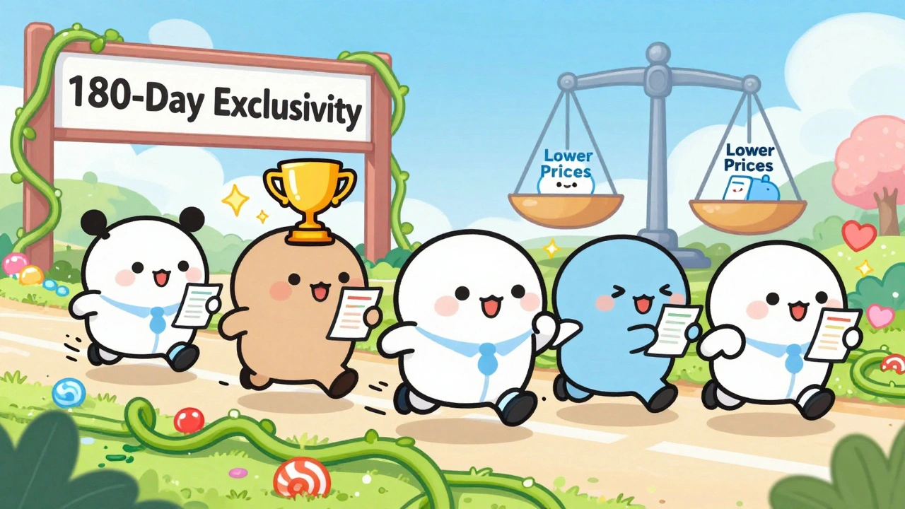 Cartoon generic drug companies racing for 180-day market exclusivity in a colorful race.