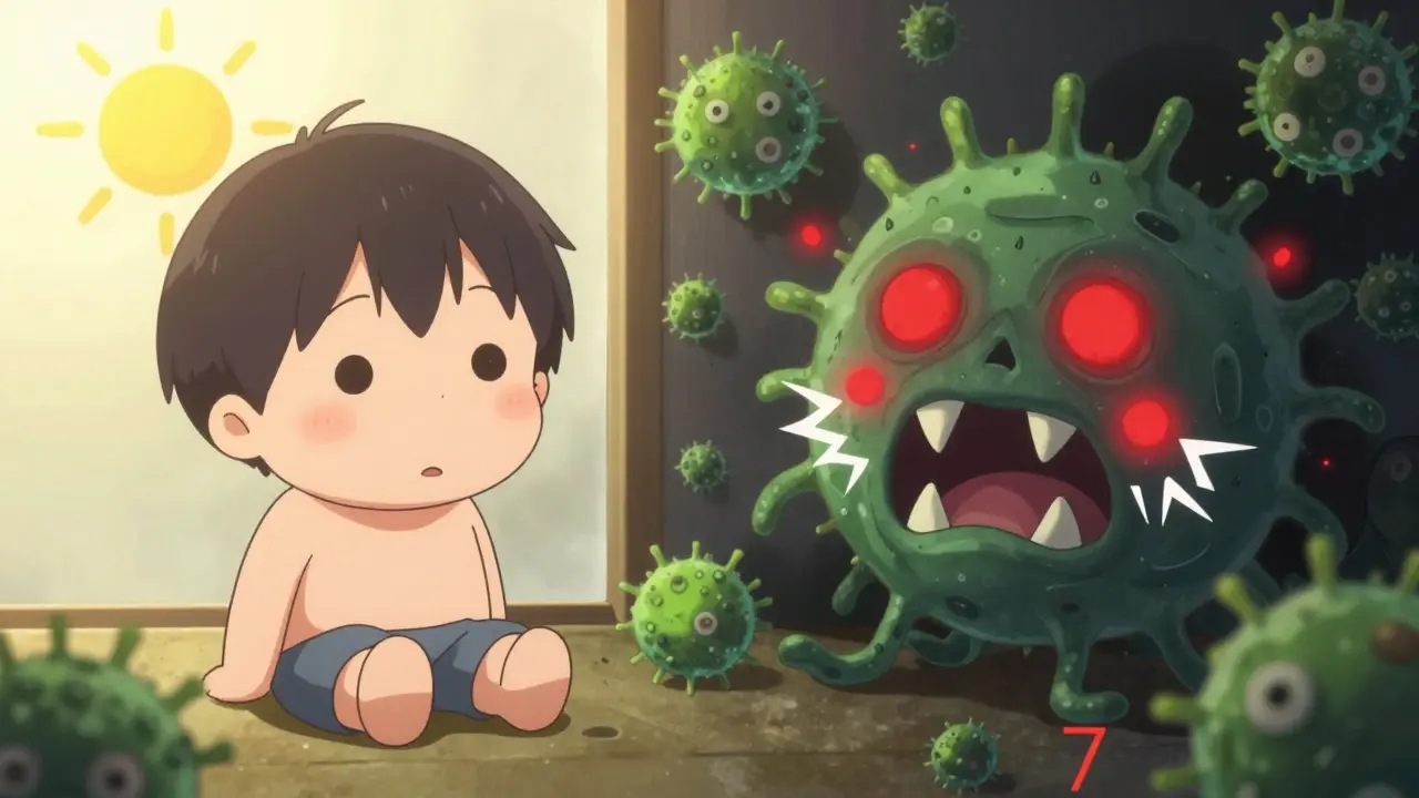 Character feeling better then suddenly overwhelmed by scary bacterial monsters from nose