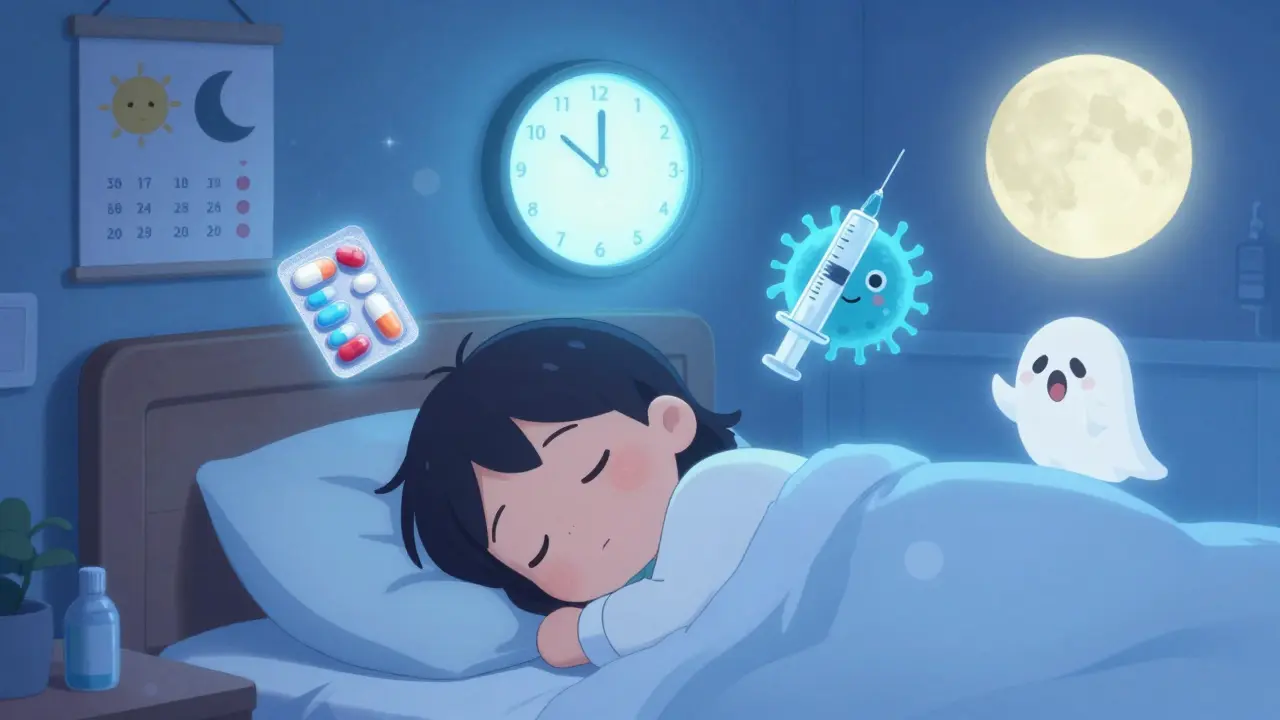 Child asleep peacefully with antibiotic icons and moon symbols, bacteria fading away, dosing poster on wall