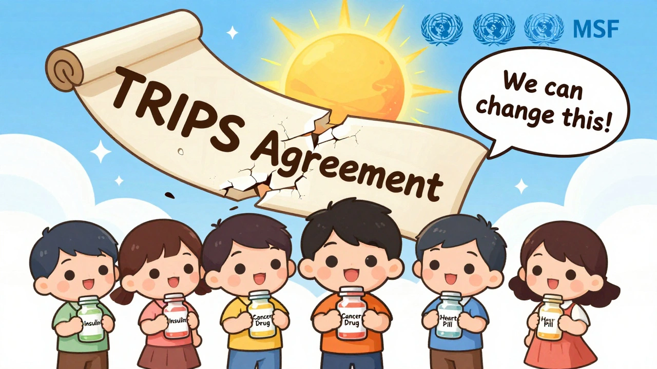 Children holding medicine bottles under a crumbling TRIPS agreement as light shines from above.