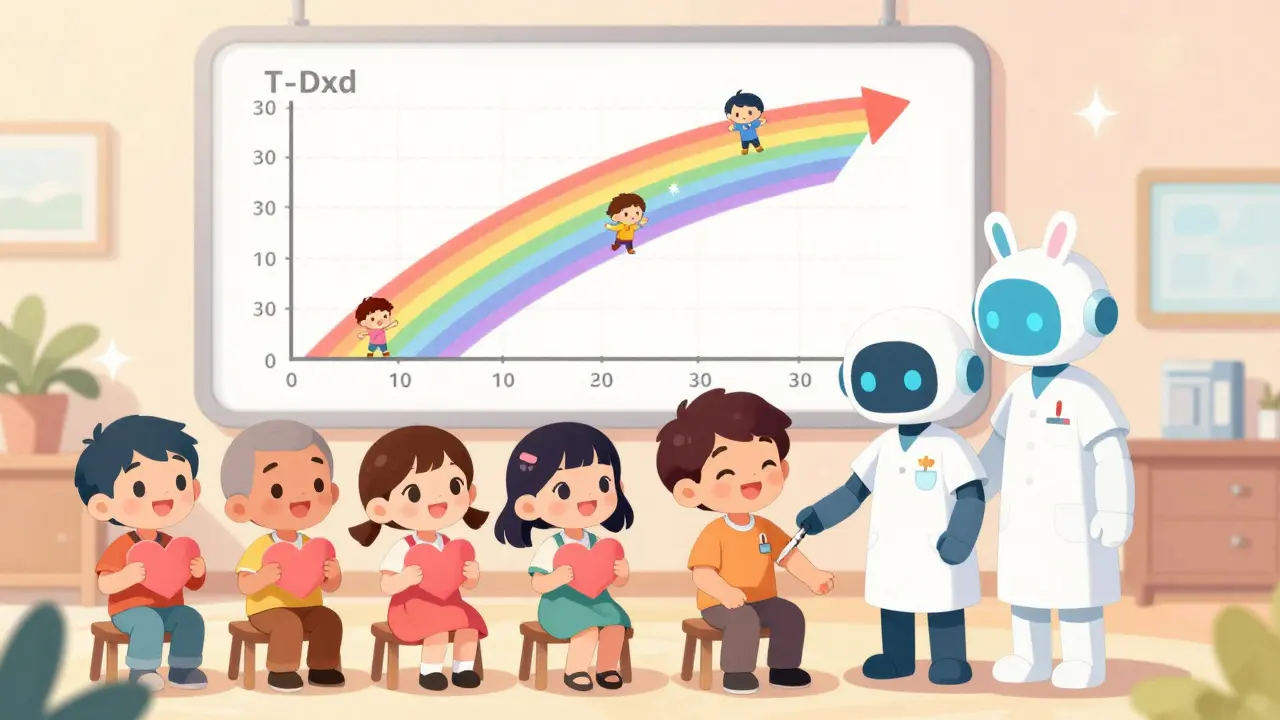 Diverse patients smile as a bunny-eared nurse robot gives shots, while a rainbow rocket chart rises in the background.
