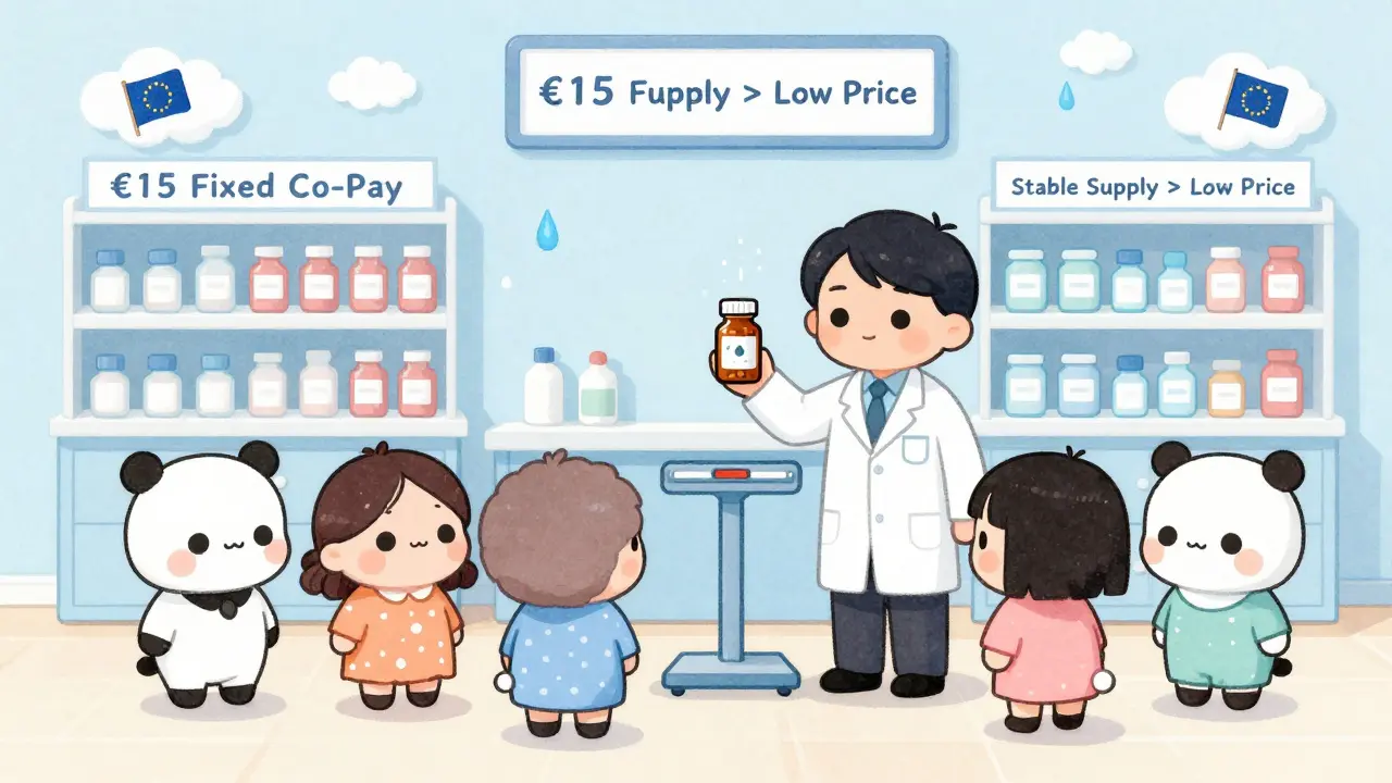 European patients in a tidy pharmacy with fixed co-pay signs, symbolizing stable but higher generic drug prices.