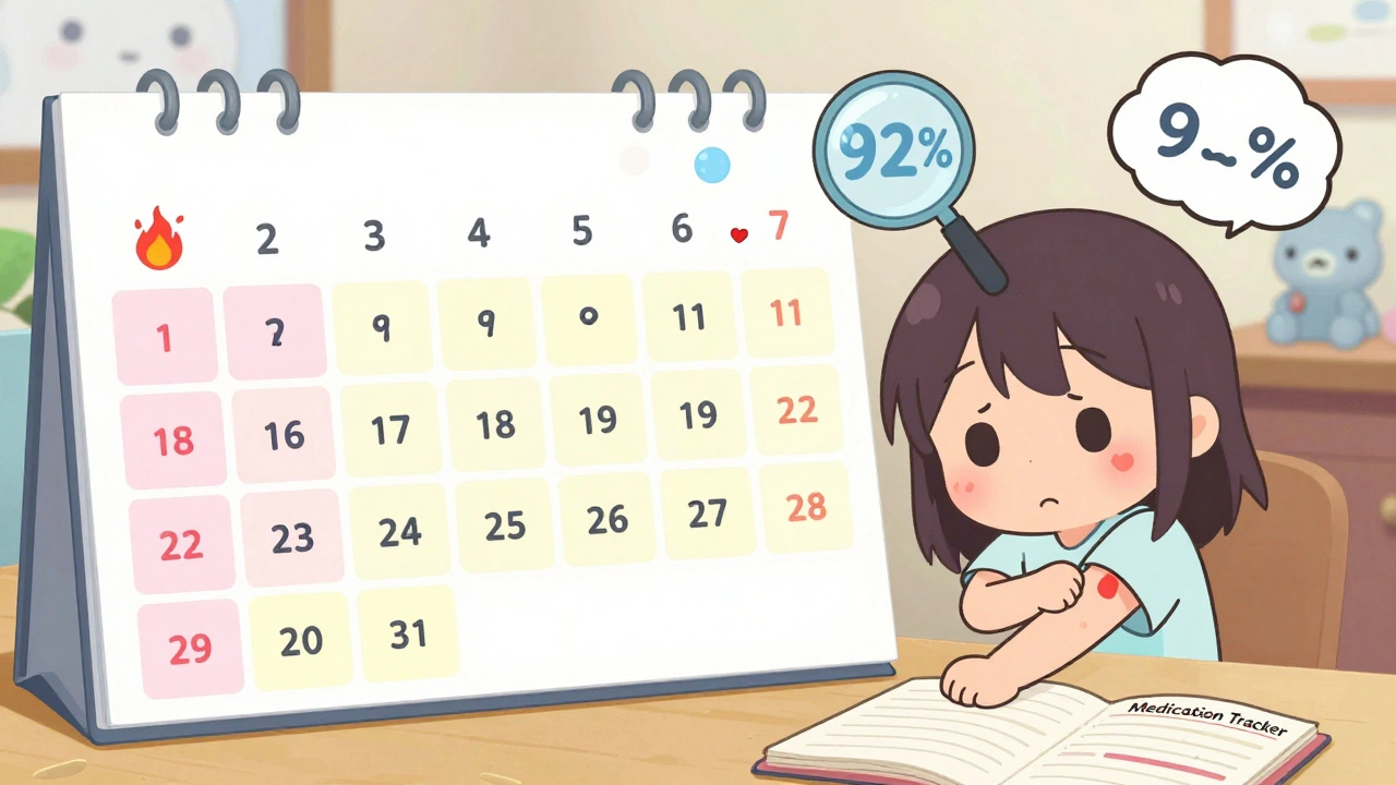 Kawaii patient checking for rash on arm while cartoon symptoms appear around a highlighted calendar.