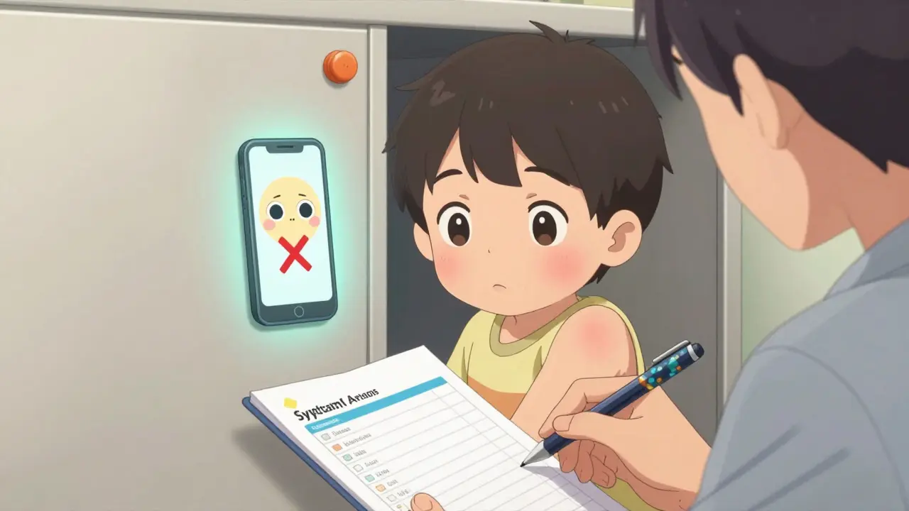 Parent checking symptom log as child has mild rash, locked medicine cabinet and telehealth call in background