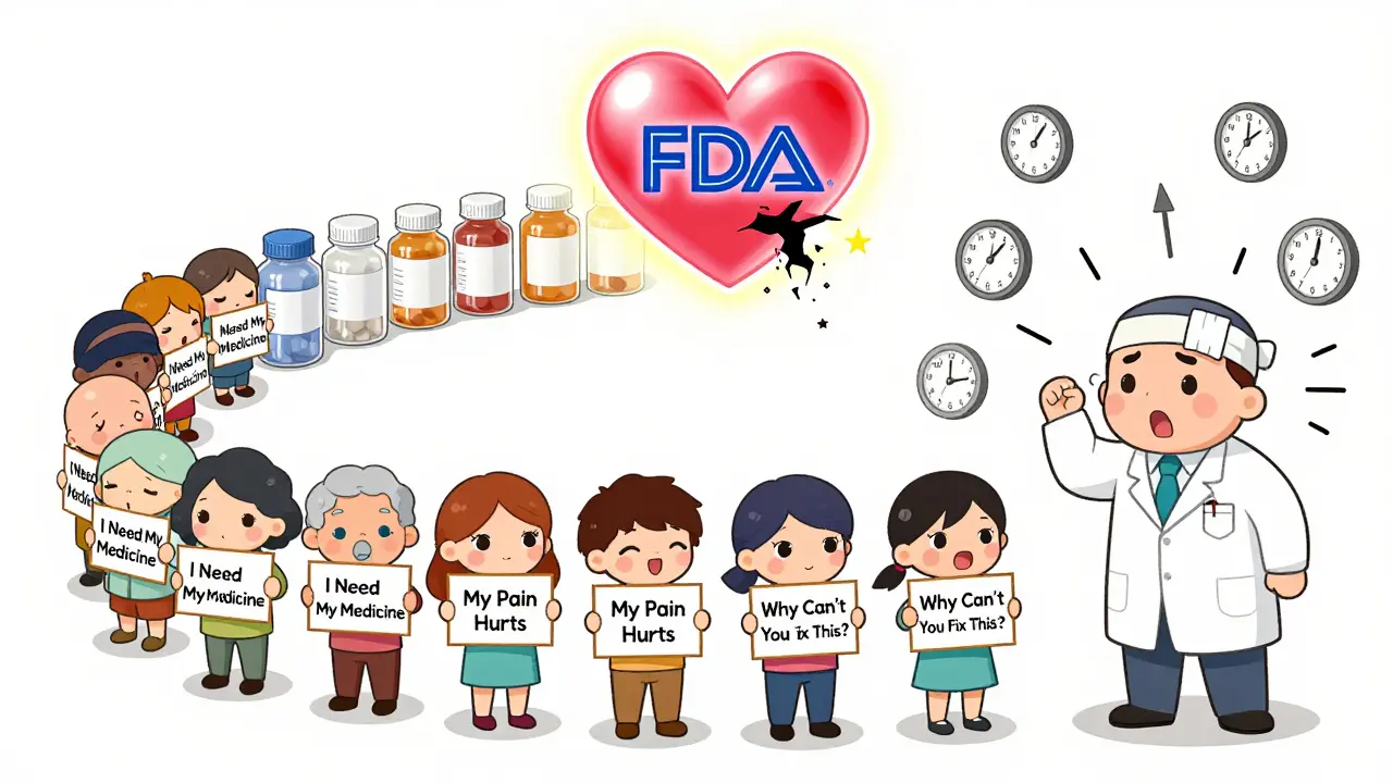 Patients holding signs for medicine surrounded by empty pill bottles in a spiral, kawaii style.