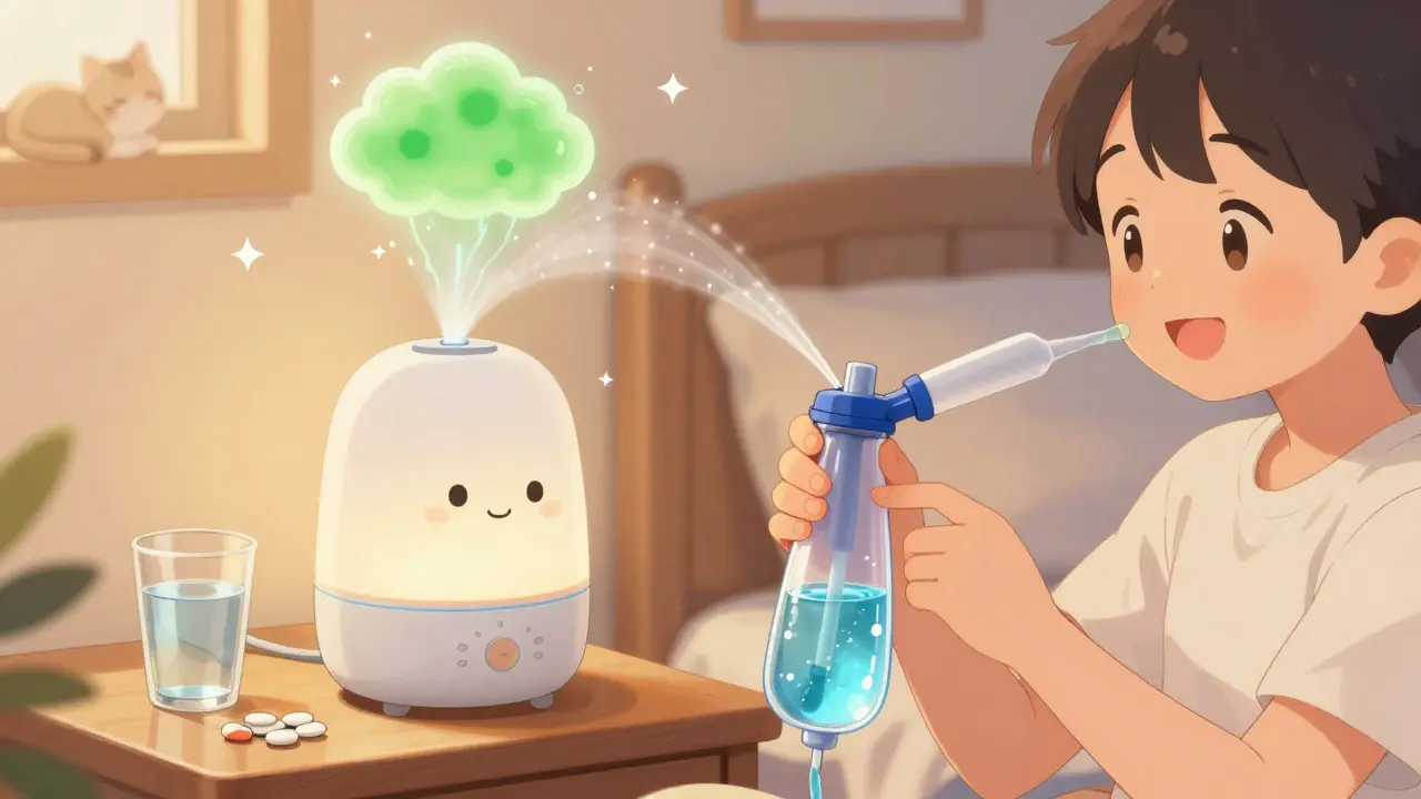 Person using neti pot in cozy room with humidifier and cat, mucus turning clear