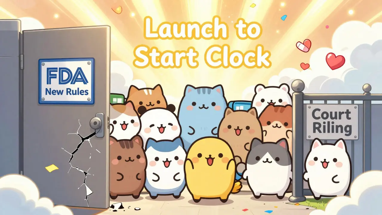 Small generic companies peeking through a door as new FDA rules bring sunlight and hope, with crumbling old barriers.