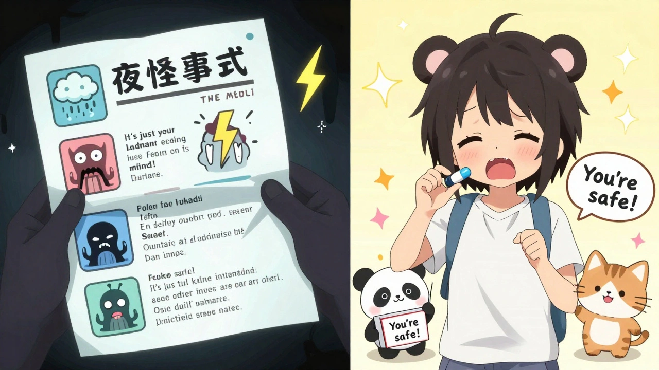 Split scene: terrified person reading scary side effects vs. same person happy with cute animals.