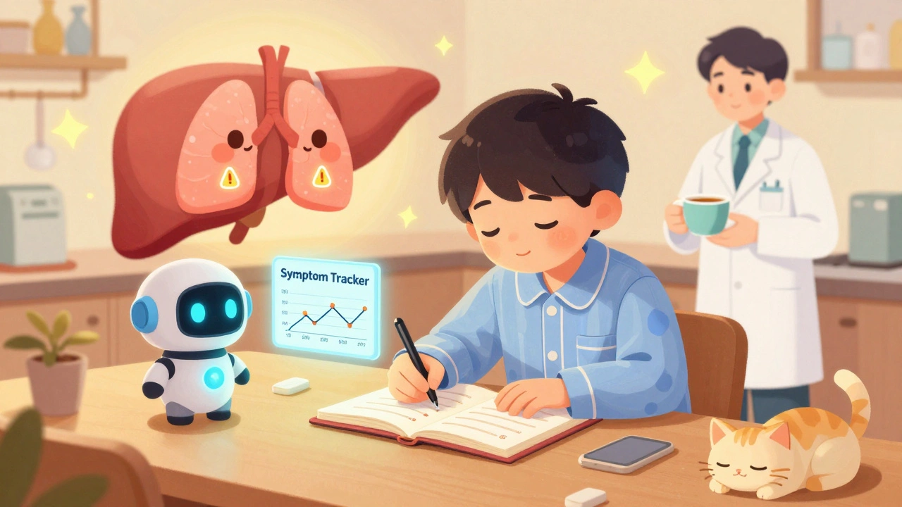 Teen writing in symptom journal with friendly AI assistant showing drug reaction timeline.