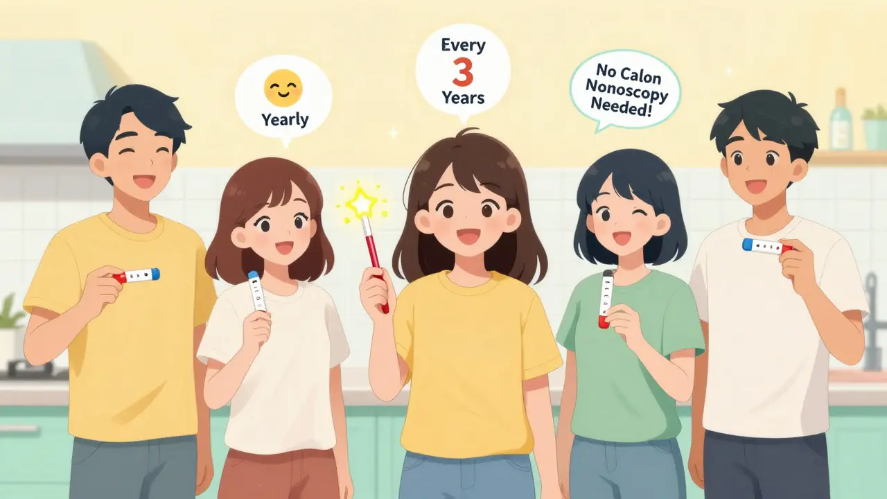 Young adults happily using friendly-faced stool test kits in a bright kitchen with floating health icons.