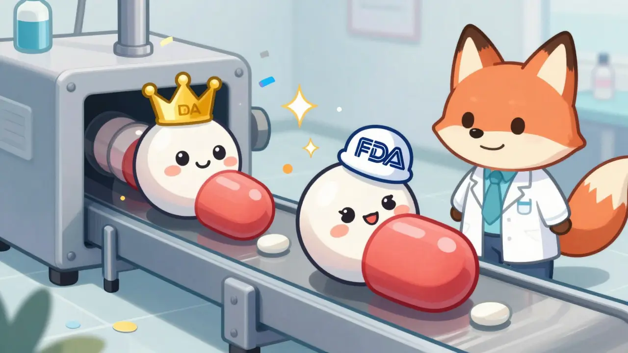 A cartoon pharmaceutical factory produces identical pills with brand and generic labels on the same conveyor belt, with a friendly FDA fox watching.