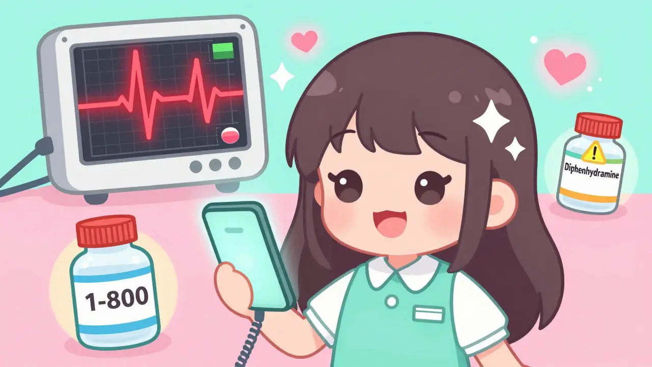 A cheerful poison control operator with a glowing phone and floating EKG monitor showing danger signs.