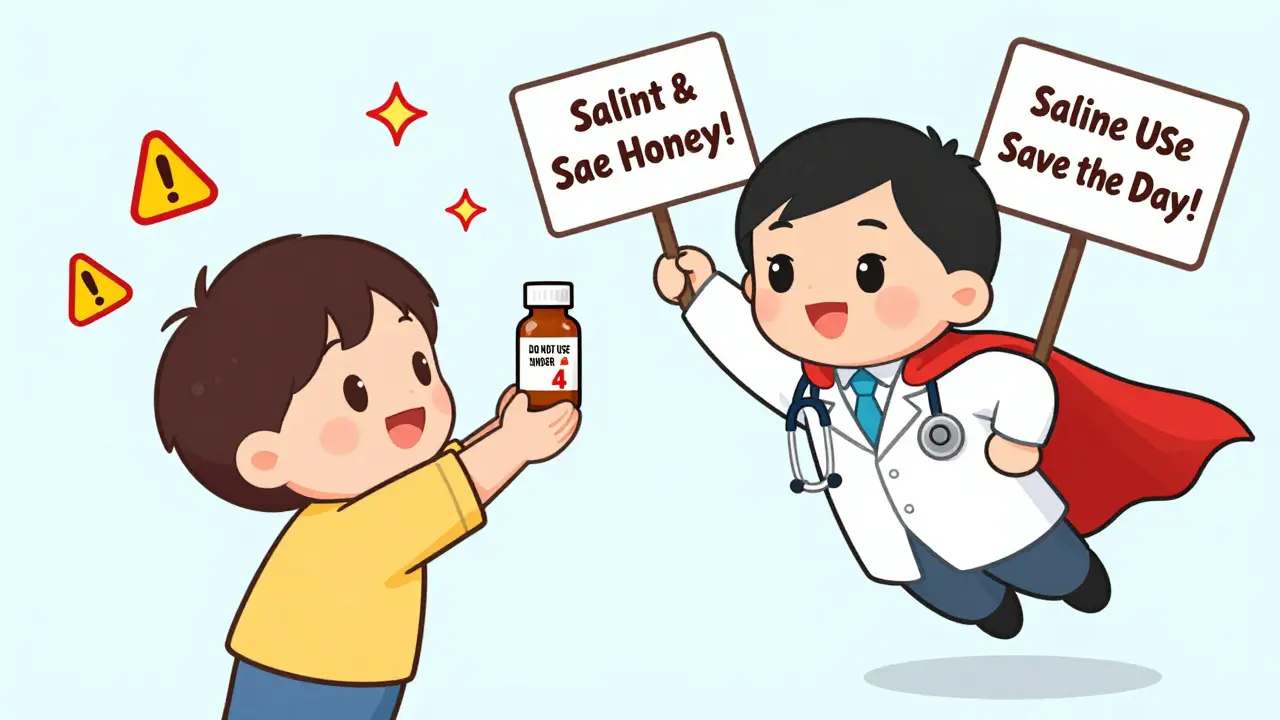 A child reaching for medicine as a superhero doctor stops them, promoting safe cold remedies.