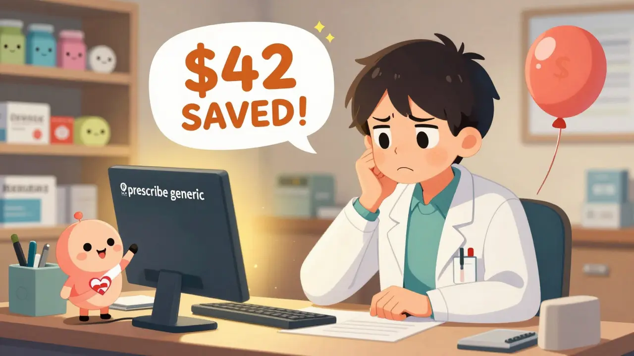 A doctor hesitates to prescribe a generic pill, with a tiny patient holding a dollar balloon and a savings alert glowing on screen.