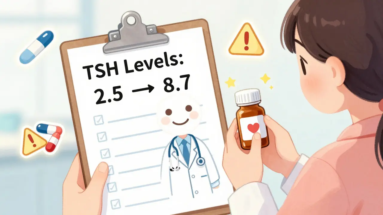 A doctor points to a thyroid test chart with rising numbers, while a patient holds a warning pill bottle.