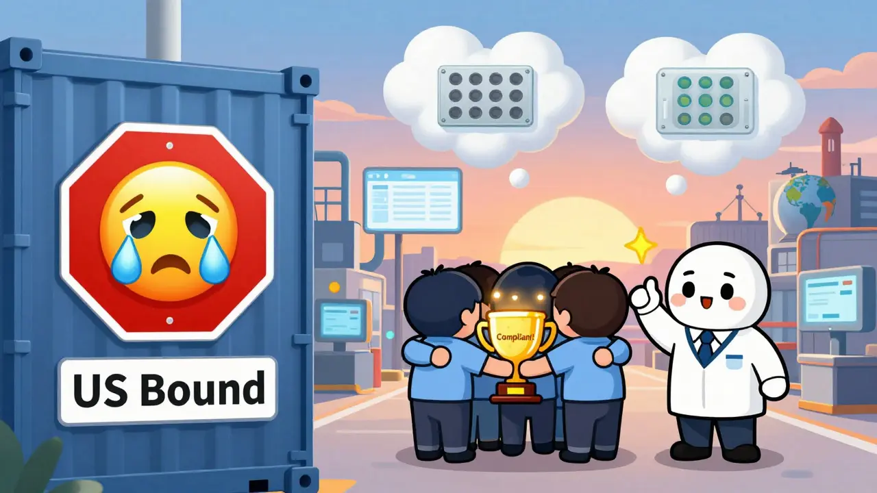 A factory team holds a 'Compliant!' trophy as a red stop sign blocks a shipping container, FDA inspector smiles.