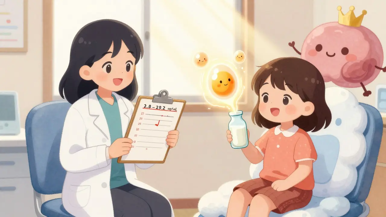 A friendly doctor and patient beside a glowing prolactin chart, with dopamine molecules and a smiling pituitary gland in kawaii style.