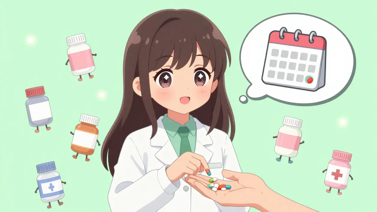 A friendly pharmacist giving extra pills to a patient, with animated pill bottles walking in sync in a cute, pastel pharmacy setting.