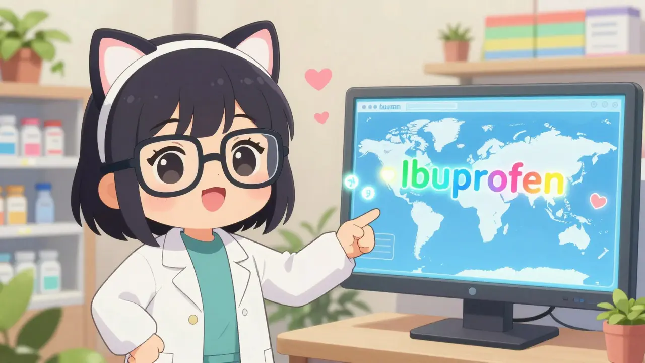 A friendly pharmacist showing a glowing global drug map with brand names turning into generic ones.