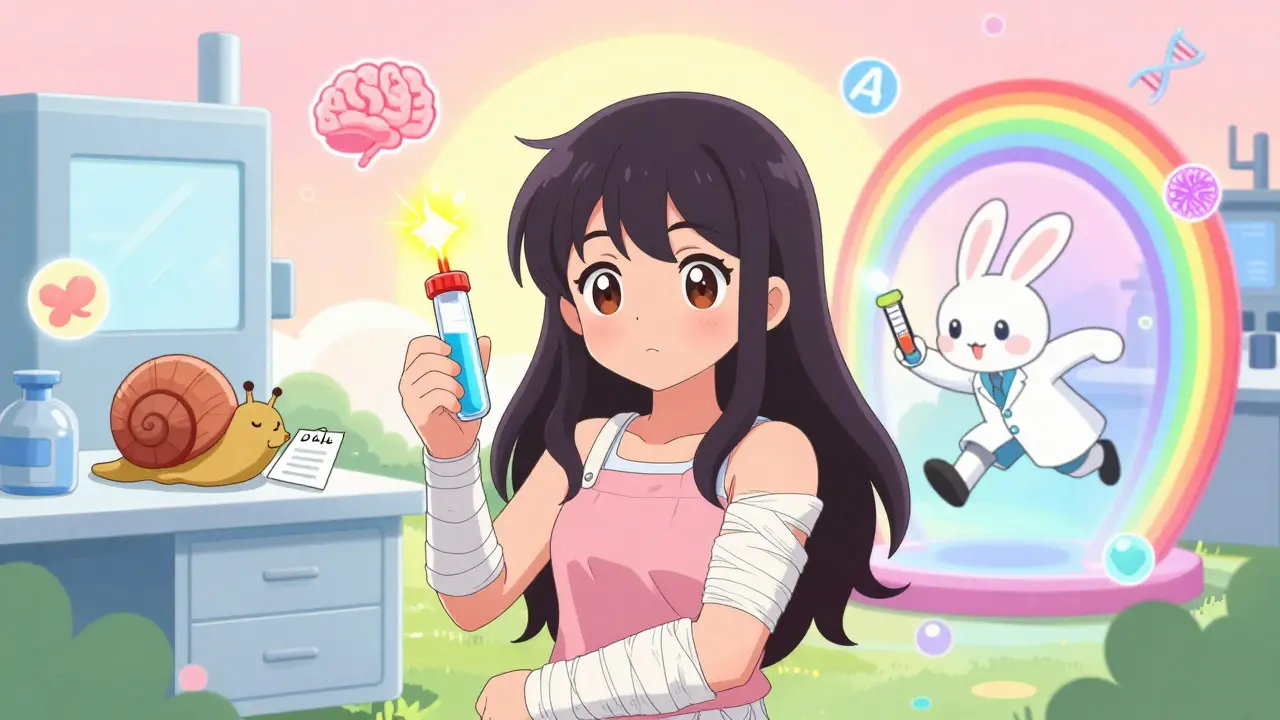 A girl holding a glowing liquid biopsy vial, with slow and fast lab scenes in a dreamy anime style.