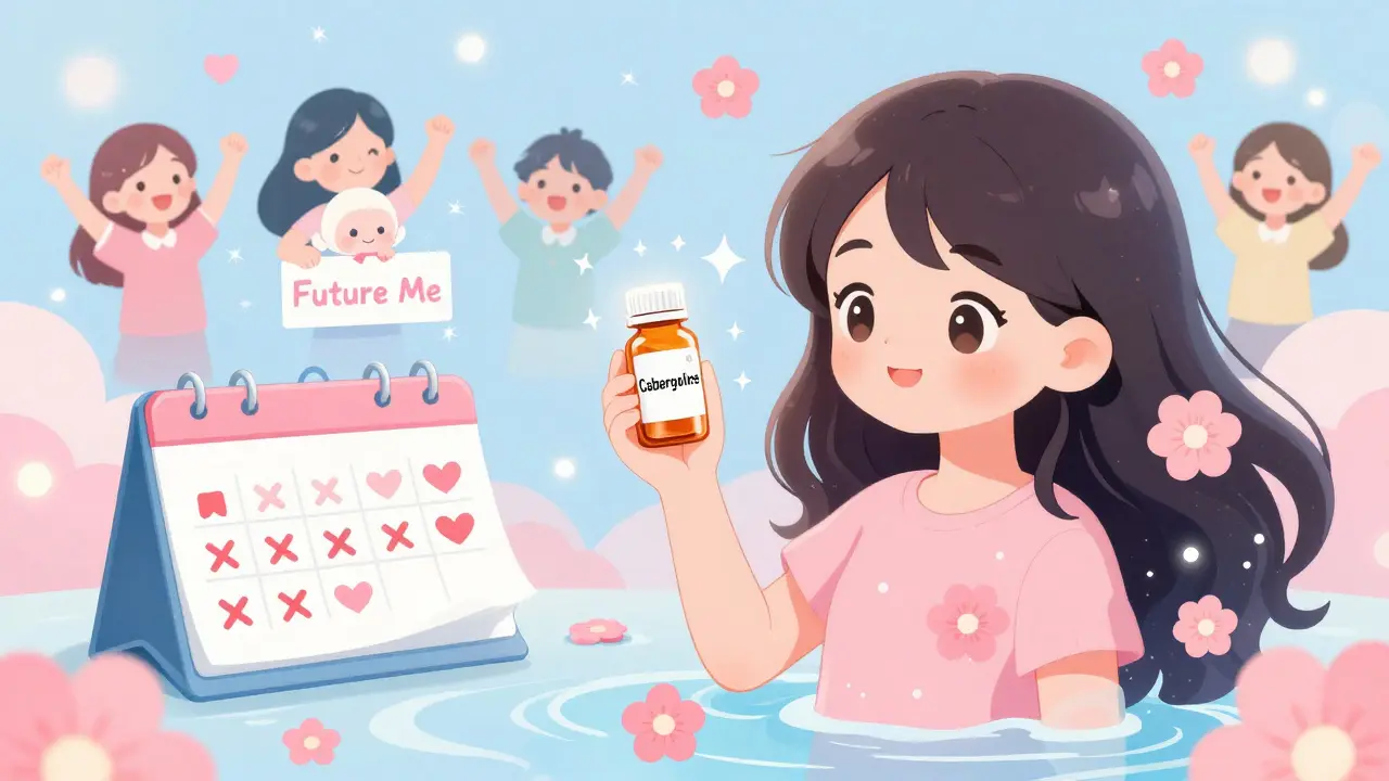 A girl holds a cabergoline pill as flowers bloom and a baby appears in the distance, symbolizing restored fertility in kawaii anime style.