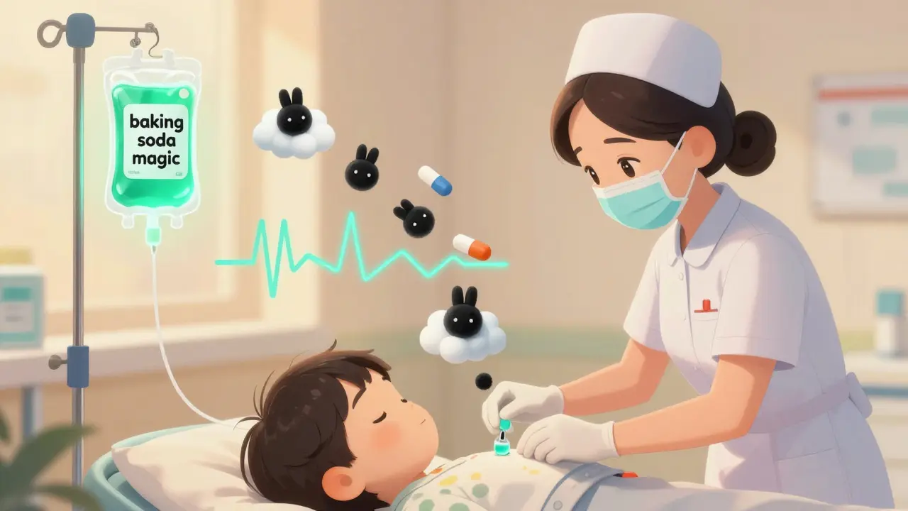 A nurse giving IV sodium bicarbonate to a calm child, with glowing green fluid and cartoon charcoal bunnies.