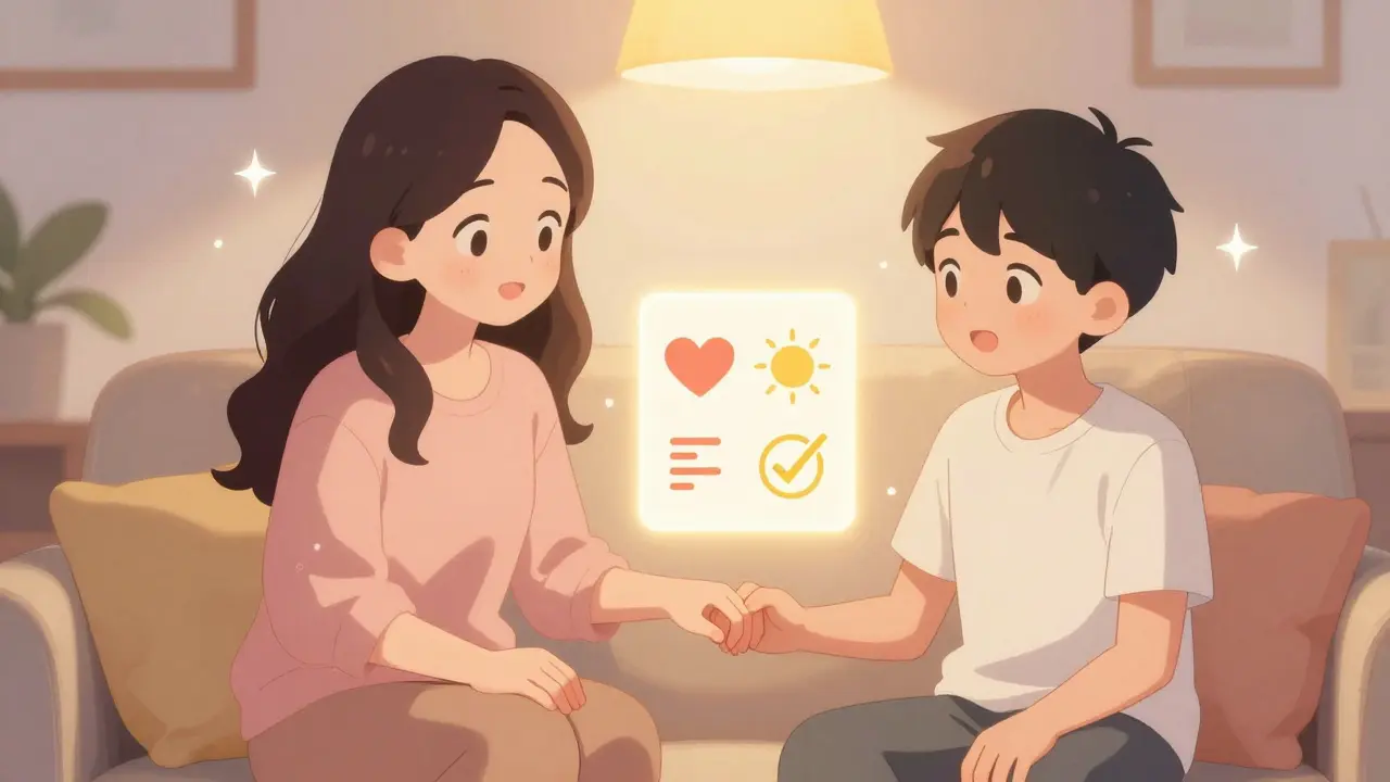 A parent and teen sit together, holding hands as a glowing medication guide hovers between them warmly.