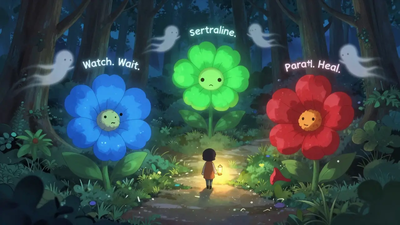 A path through a twilight forest shows three colored flowers representing antidepressants, with a figure walking forward under a lantern.