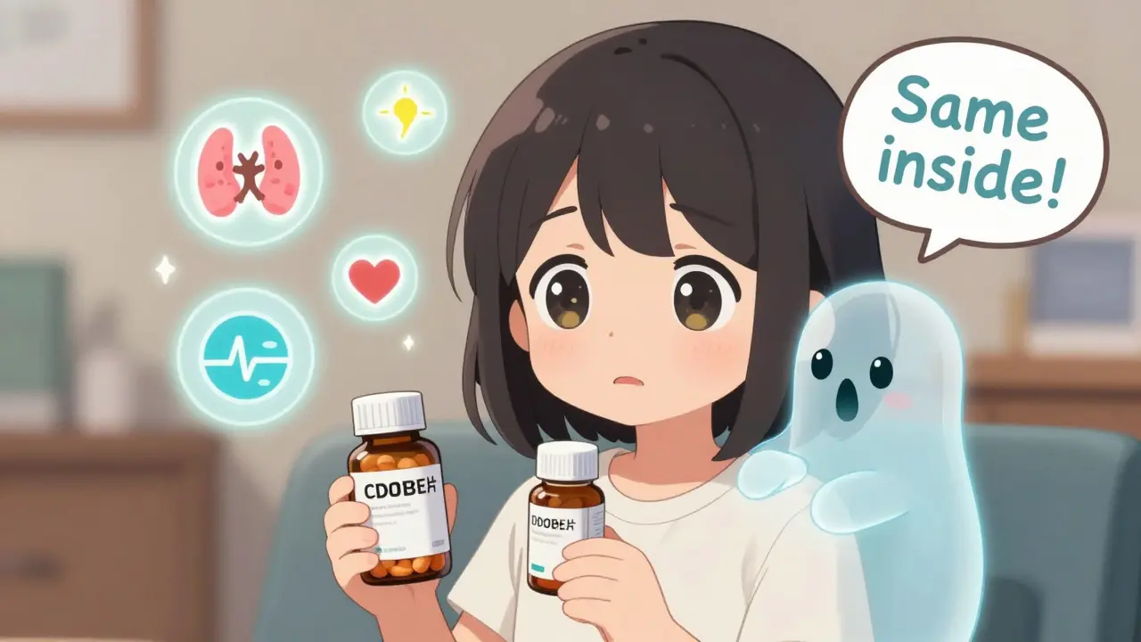 A patient gazes at two pill bottles as a ghost of the brand pill reassures them, with medical icons glowing safely around them.
