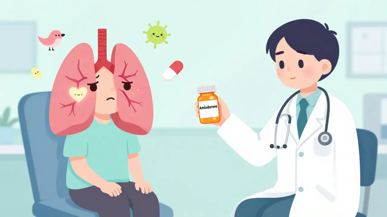 A patient holding a pill bottle next to a cartoon lung with a cracked heart, in a soft pastel doctor's office.