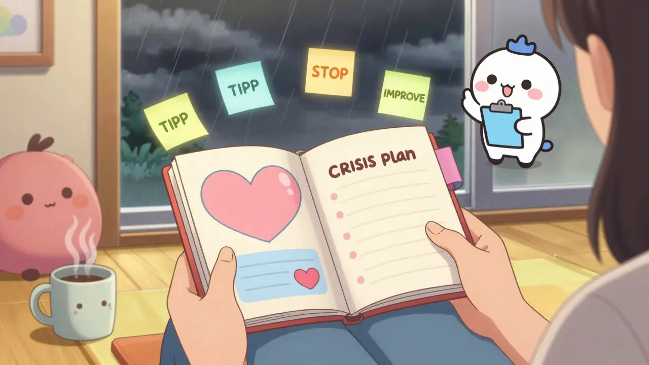 A person holding a heart-shaped crisis plan notebook with floating DBT skill notes in a cozy room.