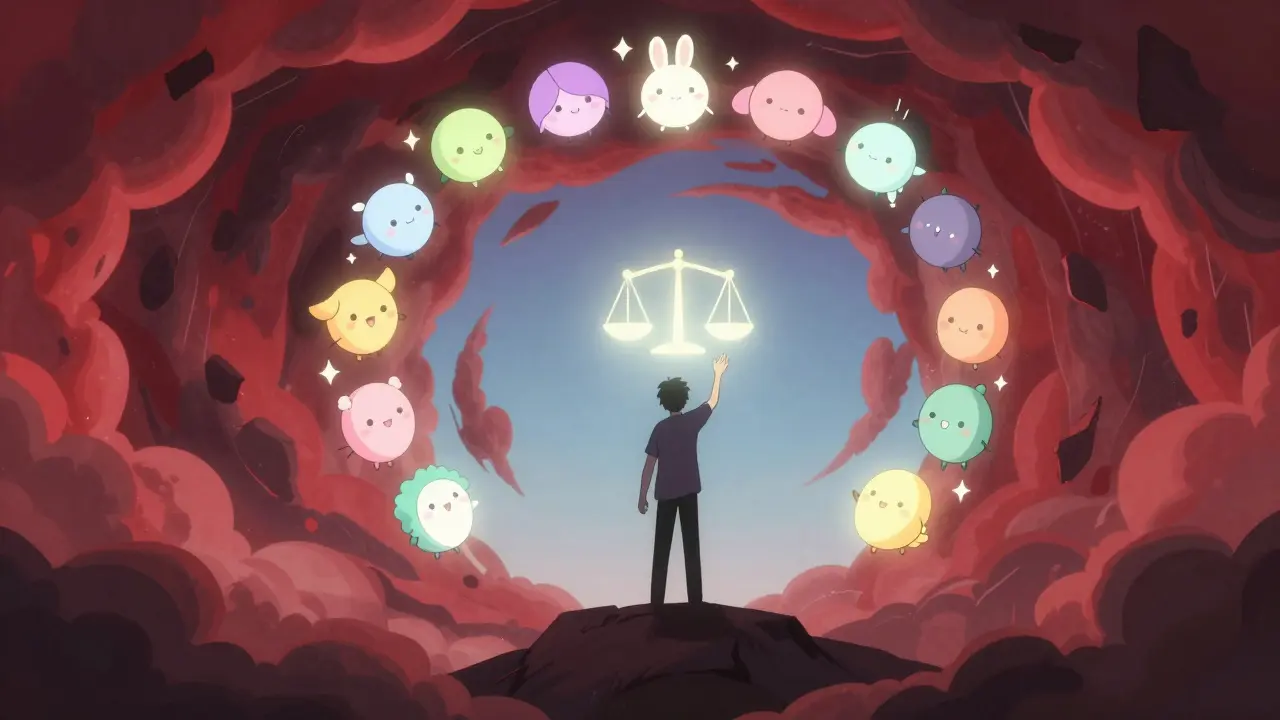 A person standing in an emotional storm, protected by glowing kawaii DBT skill icons.
