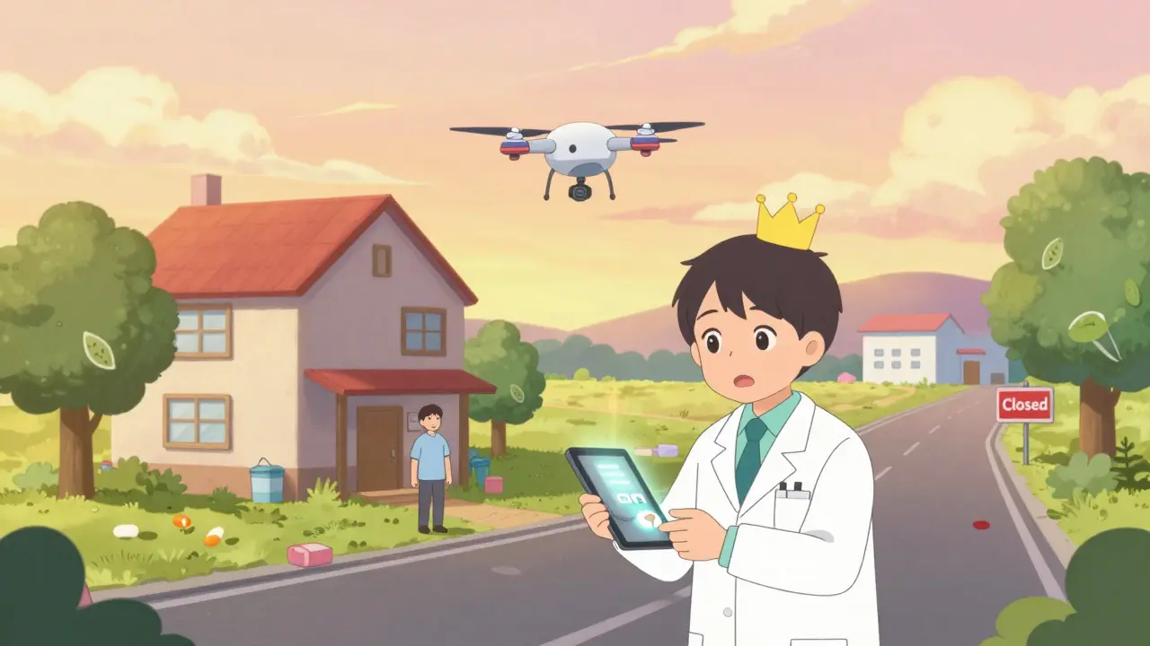 A pharmacist adjusts a prescription via tablet in a rural pharmacy as a drone delivers meds to a distant home.